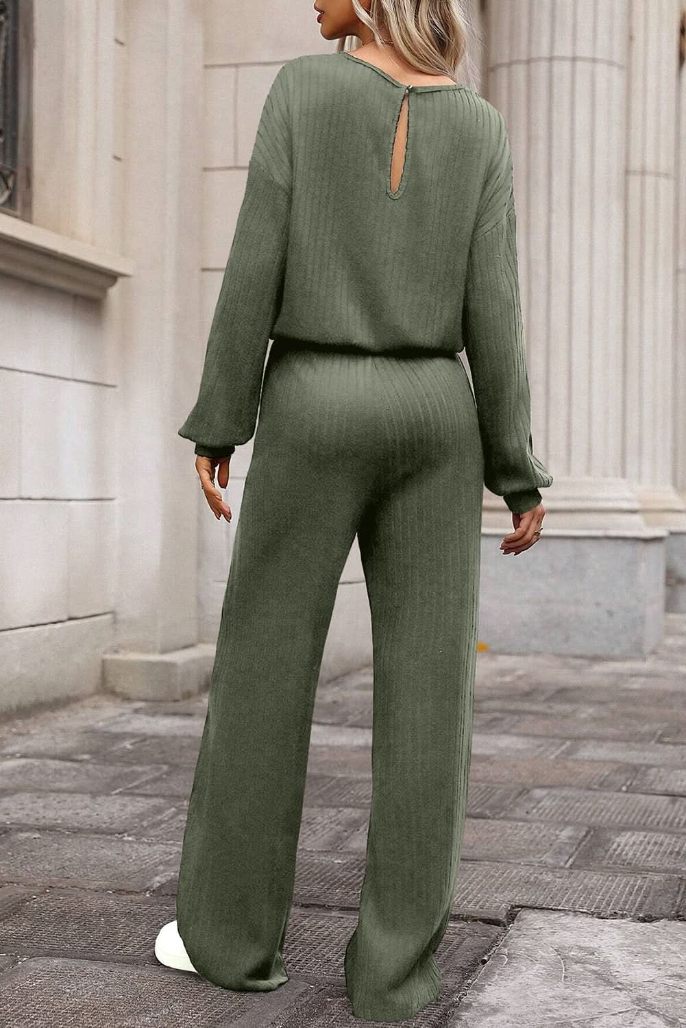 Laurel Green Solid Ribbed Knit Keyhole Back High Waist Jumpsuit - Love Salve